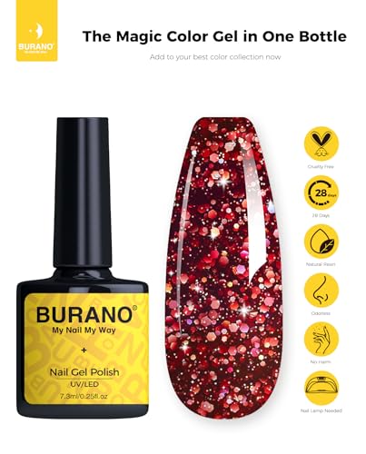 BURANO Glitter Gel Esmalte de Uñas LED UV Deep Red LP28 miniatura 6
