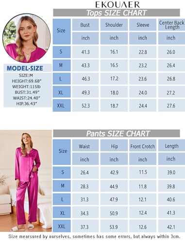Ekouaer Conjunto de pijama feminino de cetim de seda, 2 peças, calça longa, roupa de dormir macia, c