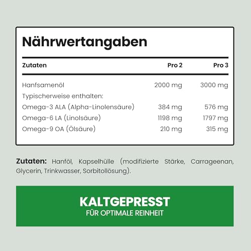 Hanföl Kapseln 2000 mg | Omega 3 6 9 Vegan | 210 Softgels | Kaltgepresstes Hanfsamenöl | 105 Portionen | Pflanzliche Omega-Alternative | VitaBright