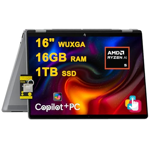 HP OmniBook X Flip 2-in-1 Laptop 16' WUXGA IPS Touch (400nits) AMD 6-core Ryzen AI 5 340 (Up to 50 Tops) 16GB RAM 1TB SSD for Creator Designer Business Professional Win11 ICP Hub/Copilot+ AI PC