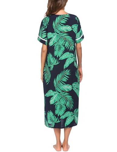 Image of Ekouaer Womens Snap Front Dusters Cotton Housecoat Short Sleeve Nightgown House Dress With Pockets