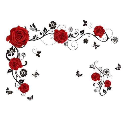 Sticker mural motif fleurs rouges roses vignes papillon autocollant mural salon autocollant pour...