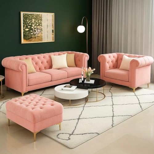 Image of Classic 3+1= 4 Seater with Footrest Seater Sofa Set Luxury Chesterfield Modern Fahionalable Sleeper Sofa for Living Room, Dining Room, (Pink A)
