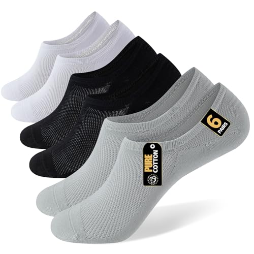 Men's No Show Socks, Pure Cotton, Odour-Resistant, Anti-Slip, Anti-Pilling, Boneless, Mesh, Spring Summer, 6 Pack