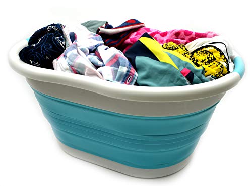Image of SAMMART 36L (9.5 gallon) Collapsible Plastic Laundry Basket - Oval Tub /Basket - Foldable Storage Container /Organizer - Portable Washing Tub - Space Saving Laundry Hamper, (Oval, Grey /Bright Blue)