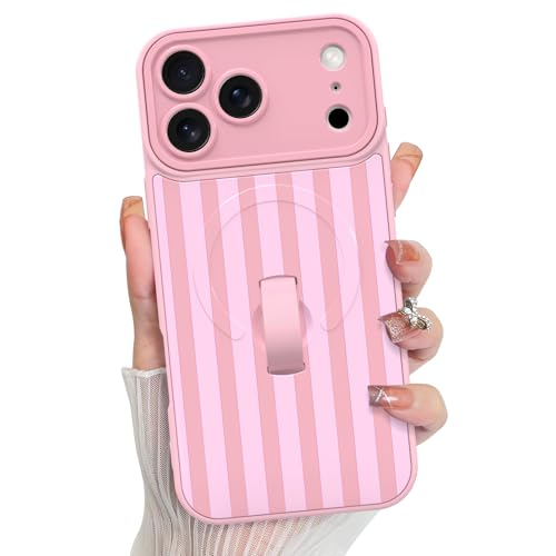 KANGHAR Compatible with iPhone 17 Pro Case Support for MagSafe Silicone Stripes Cute Pattern Wristband Kickstand Camera Protection Soft Slim Cover for Girls Women -Pink