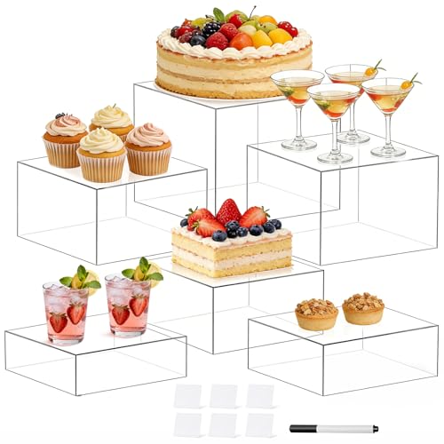 6 Pcs Buffet Risers Acrylic Food Risers for Buffet Table 3x4x5x6x7x8 Inch Display Stand Shelf for Party Catering Dessert Collectibles - Stackable Cube Boxes Display with Hollow Bottoms Clear