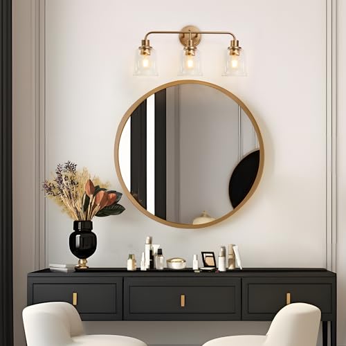 Image of KSANA Gold Bathroom Vanity Light Fixtures with Clear Glass Shade, 3-Light Modern Bathroom Vanity Lights Over Mirror, 22.8 inchx7.3 inchx10.8 inch
