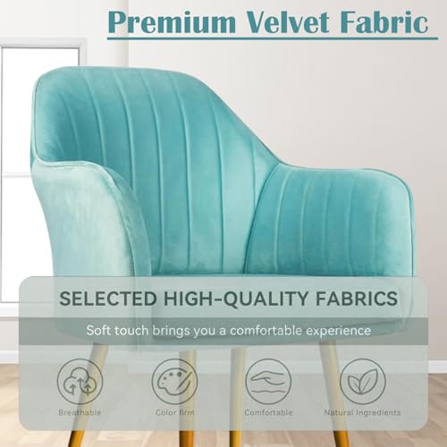 Image of Velvet Accent Chair | Luxury Upholstered Armchair with Sturdy Metal Legs | Modern Comfortable Chair for Living Room, Bedroom, Office, or Cafe (Golden Legs, Sky Blue)