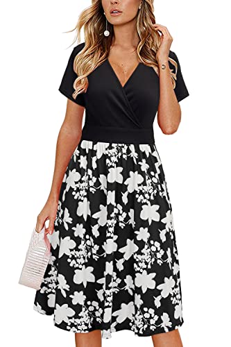 VOTEPRETTY Femme Robe d'été Florale XXL Noir et Blanc à Manches Courtes, Col en V, Taille Enveloppante, Longueur Genou, Casual