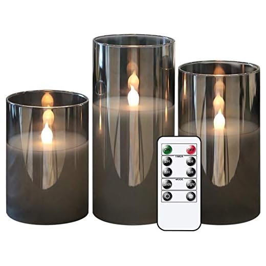 Eldnacele Batteridrift i grått glas med timer och fjärrkontroll med 10 tangenter, flamfritt LED riktigt vax varmt ljus flimrande för jul festlig heminredning (set med 3)