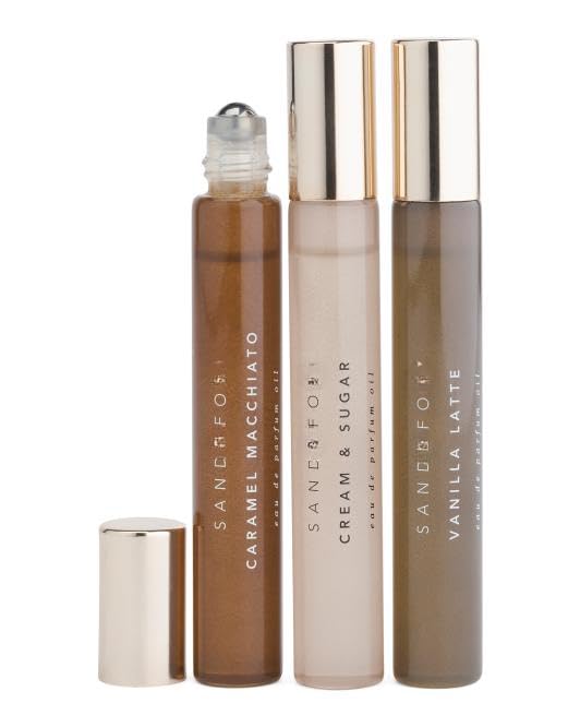 Sand and Fog Eau de Parfum Oil Discovery Set, 0.33 oz Rollers, 3 Piece Collection, Caramel Macchiato, Cream & Sugar, Vanilla Latte