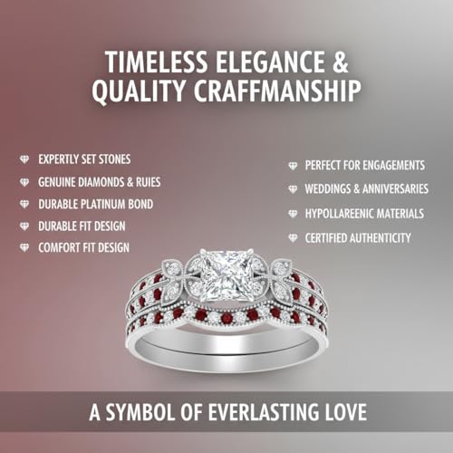 Image of Choose Your Gemstone Milgrain Petal Diamond CZ Wedding Ring Set 925 Sterling Silver Princess Shape Wedding Ring Sets Lightweight Office Wear Everyday Gift Jewelry US Size 4 to 12