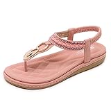 Mujer Bohemia Clip Toe Zapatos Dulce Diamante de Imitación Chanclas T-Correa Sandalias Tanga Verano Casual Sandalias Rosado 41