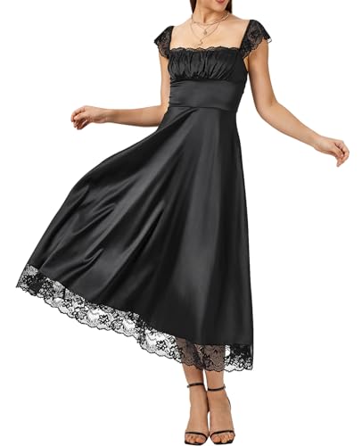 Image of EYNMIN Lace Strap Chiffon Dresses for Women Casaul Flowy A Line Midi Tea Party Dress