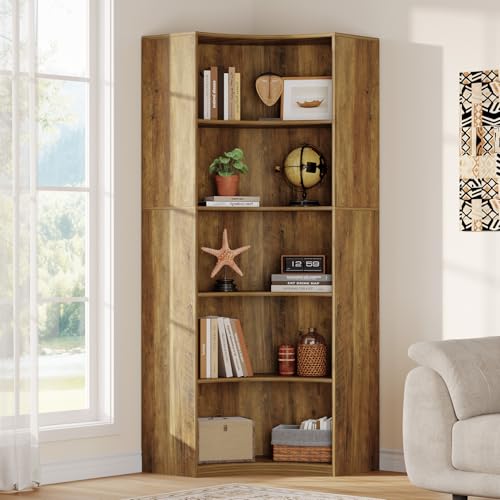 Tribesigns Étagère d'angle 6 Niveaux, 180 cm de Haut, Bibliothèque Angle aux Bords Arrondis, Meuble de Rangement Style Ferme pour Salon, Chambre, Cuisine ou Bureau (Marron Rustique)