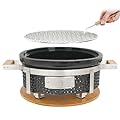 AUPLEX Round Japanese Hibachi Yakitori Charcoal Grill, Small Handmade Tabletop Cecamic BBQ Grill for Indoor/Outdoor Camping w/t Bamboo Heat Shield, Gift for Thanksgiving Christmas -14“