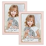 5x7 Pink Enamel Picture Frames - Metal Gold Edge - Cute Frame for 5 x 7 Inch Photos Pictures Artwork - Real Glass - With Tabletop Easel Stand - Hanger for Wall Mount Display (2 Pack)