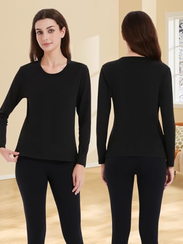 Soudittur Camiseta Térmica Mujer Manga Larga Interior Thermal Top con Forro Polar Camisetas de Capas Base Layers para Invierno (FR/ES, Letras, L, Regular, Regular, Negro)