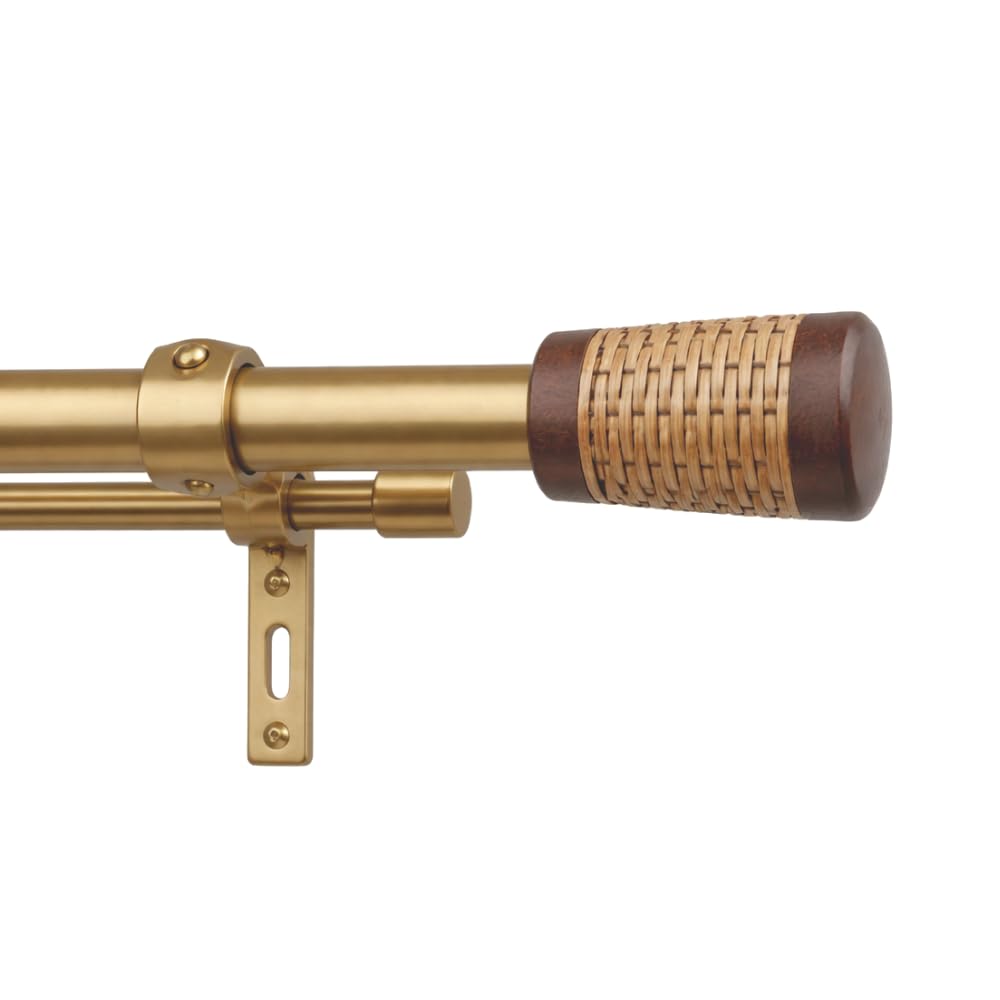 the decor mart 84"-144" adjustable double curtain rod for door & windows with brackets set curtains hanging extendable iron metal pipe holder with wicker wooden wrap finial, gold
