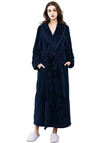 Womens Robe Long Fleece Bathrobe Warm Waist Belt Super Soft Spa Plush Full Length Bath robe with Shawl Collar (Large/Xlarge, Navy Blue)