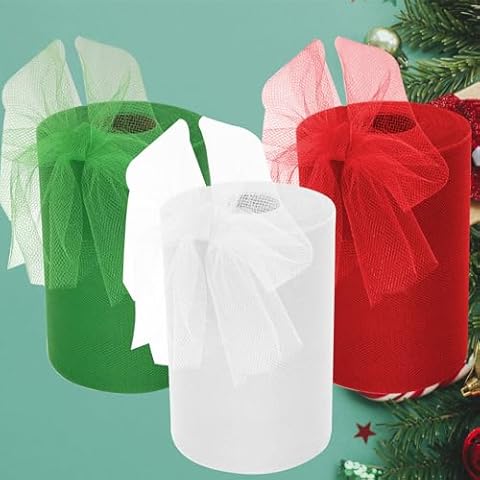 Tulle Fabric Rolls 3 Colors, 6 inch 100 Yard Ribbon Spool DIY Tutu Christmas Party Gift Wrapping Wedding Bow Home Decoration (White, Green, Red) Cover