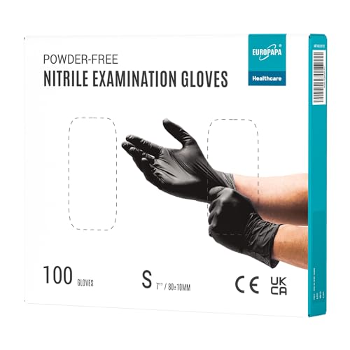 EUROPAPA® 100 Guantes De Nitrilo, Caja De Guantes Desechables, Guantes Desechables, Guantes De Examen, Guantes De Nitrilo, Sin Polvo, Sin LÁTex, No EstÉRiles, Sin LÁTex, Disposible Gloves (S, Negro)