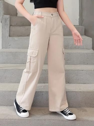 Image of ADBUCKS Stretchable High Rise Cargo Style Wide Leg Jeans for Girls II Girls Jeans