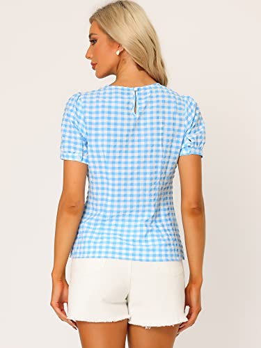 Allegra K Vintage Gingham Top for Women's Puff Short Sleeve Crew Neck Casual Check Shirt3