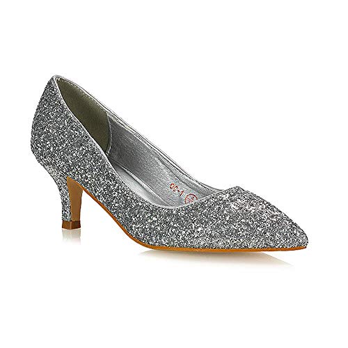 Damen-Schuhe, Glitzer-Spitze, Schlupfschuhe, niedriger Absatz, Party, Pumps, Größe 36-42, Silver Glitter, 38 EU