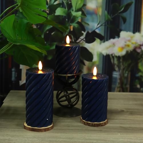 Image of QIDEA Navy Blue Wax Candles Flameless Wax Pillar Candles with Remote Timer | Battery Operated LED Flickering decorative Wax Candles for Home Wedding Party Centerpiece Xmas Decor 3 PCS 3 inchX 4 inch, 5 inch, 6 inch