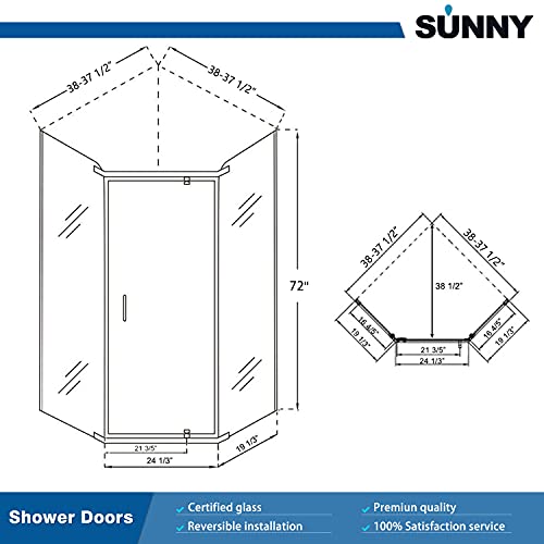 Sunny Shower Neo-Angle Frameless Shower Enclosures 1/4 In. Clear Glass Pivot Shower Door With 38 In. X 38 In. X 3 In. Shower Base, Chrome Finish, 36.7 In. W X 36.7 In. D X 71.8 In. H #TOP6