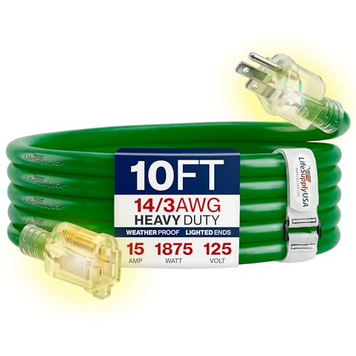 10ft Outdoor/Indoor Extension Cord 14/3 Gauge Heavy Duty 3 Prong SJTW Waterproof Flexible Cold-Resistant Long Power Cord 15A 125V 1875W Green by LifeSupplyUSA