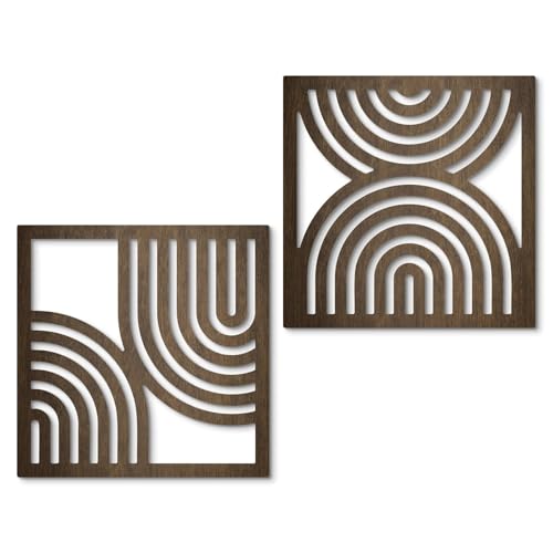 Putuo Decor Geometric Abstract Wall Art Set of 2, Modern Square Wooden Modern Arched Wall Decor for Living Room Bedroom Entryway, Minimalist Brown Wall Sculpture