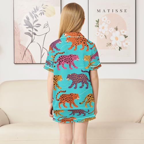 Satin Pajama Sets Short Sleeve Colorful Leopard Print Button Down Silky Nightwear 2 Piece PJS 5-14Y4
