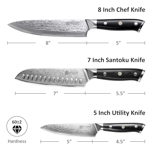 Image of PAUDIN Damascus Knife Set 3 PCS, Japanese VG10 Steel Core, Ultra Sharp Chef Knife Set, Full Tang G10 Handle, Damascus Kitchen Knives