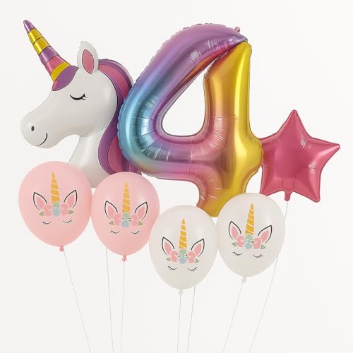 IMAXWAVE Set de Globos Unicornio para Cumpleaños de Niña, Globo Gigante, Incluye Decoración Infantil Arcoíris para Fiesta Temática, Cumpleaños y Sesiones de Fotos (7 Piezas - Número 4)