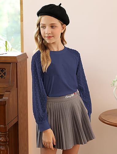 Image of Yekaty Girls Shirts Casual Solid Color Crewneck Blouses Soft Long Sleeve Swiss Dots Chiffon Tops