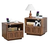 affeivul Small Nightstand Set of 2 with Charging Station, Accent Bedside Nightstand with Drawer, Mid Century Modern Bedroom Side Bed Table with Storage for Dorm, Living Room, Couch, Office - Walnut
