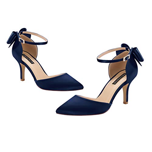 Image of ERIJUNOR Wedding Evening Party Shoes Comfortable Mid Heels Pumps with Bow Knot Ankle Strap Wide Width Satin Shoes