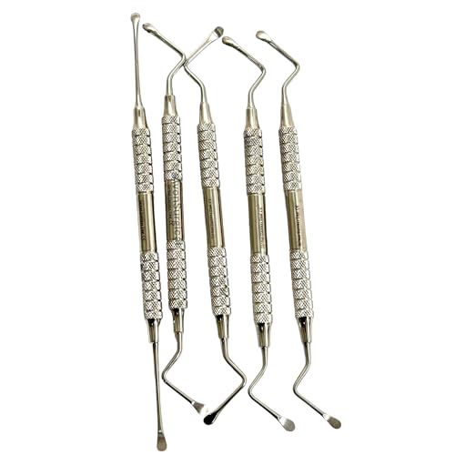 5pcs Set Hollow Handle Periodontal Lucas Curettes Double-Ended Spoons with Storage Pouch German Stainless Steel Lightweight Lab Dental Application