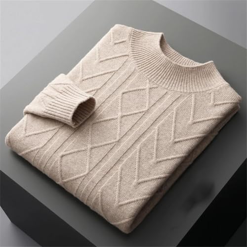 Men's 100 Percent Merino Wool Knit Pullover Semi High Neck Thicken Sweater Fashion Loose Textured Warm2