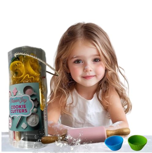 FlavorJoy Cookie Baking Cutter Set For Kids - 6 silicon cupcake forms, 24 Assorted Cookie Cutters, Rolling Pin, Silicone Baking Pan, Non-Stick Baking Mat, Fun Activity Gift for Boys and Girls, Age 4+