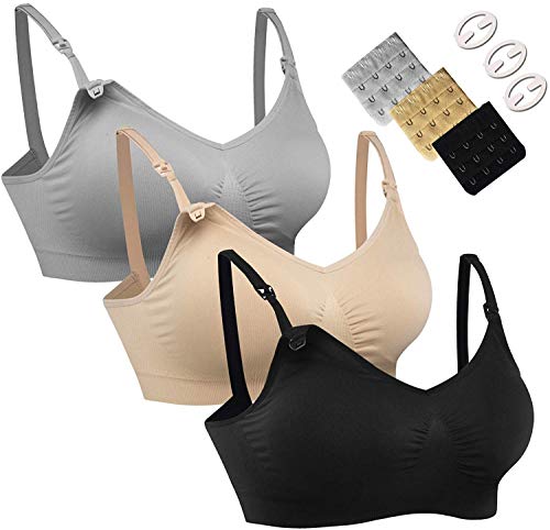 HOFISH Women's Wireless Maternity Nursing Bra Adjustable 3PCS/Pack Silvery-Grey,Beige,Black XL