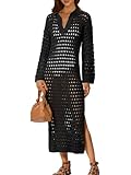Saodimallsu Womens Crochet Swimsuit Cover Up V Neck Collared Long Sleeve Mesh Knit Long Beach Coverup Maxi Dress Black