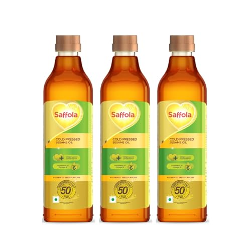 Image of Saffola Cold Pressed Sesame Oil | 100% Cold Pressed Sesame Seed Oil | Helps Lower Cholesterol, Goodness of Omega 6 & Authentic Seed Flavour | 1L Pet Bottle (Pack of 3)