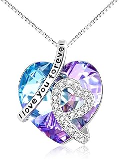AOBOCO Sterling Silver I Love You Forever Heart Pendant Necklace with Birthstone Crystals, Birthday Wedding Anniversary Jewellery Gifts for Her Women Wife Mum Girlfriend