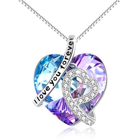 Sterling Silver"I Love You Forever" Heart Pendant Necklace with Birthstone Crystals, Birthday Wedding Anniversary Jewellery Gifts for Her Women Wife Mum Girlfriend (Purple) Cover