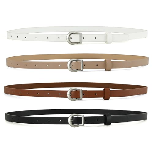 Earnda Sets of 4 Skinny Women Leather Belts for Dresses Thin Waist Belt for Jeans Pants with Gold Buckle 0.55