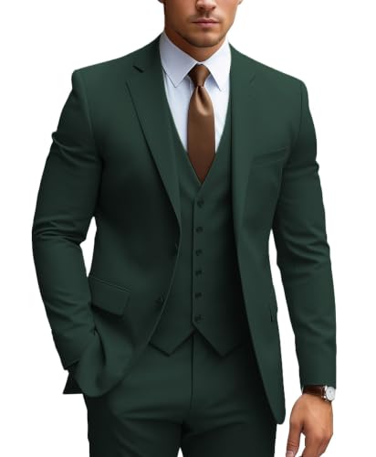 MoranX Business Men Suits Regular Fit 3 Piece Tuxedos Notch Lapel Blazer Vest Pants for Wedding Grooms(Hunt Green,Medium)